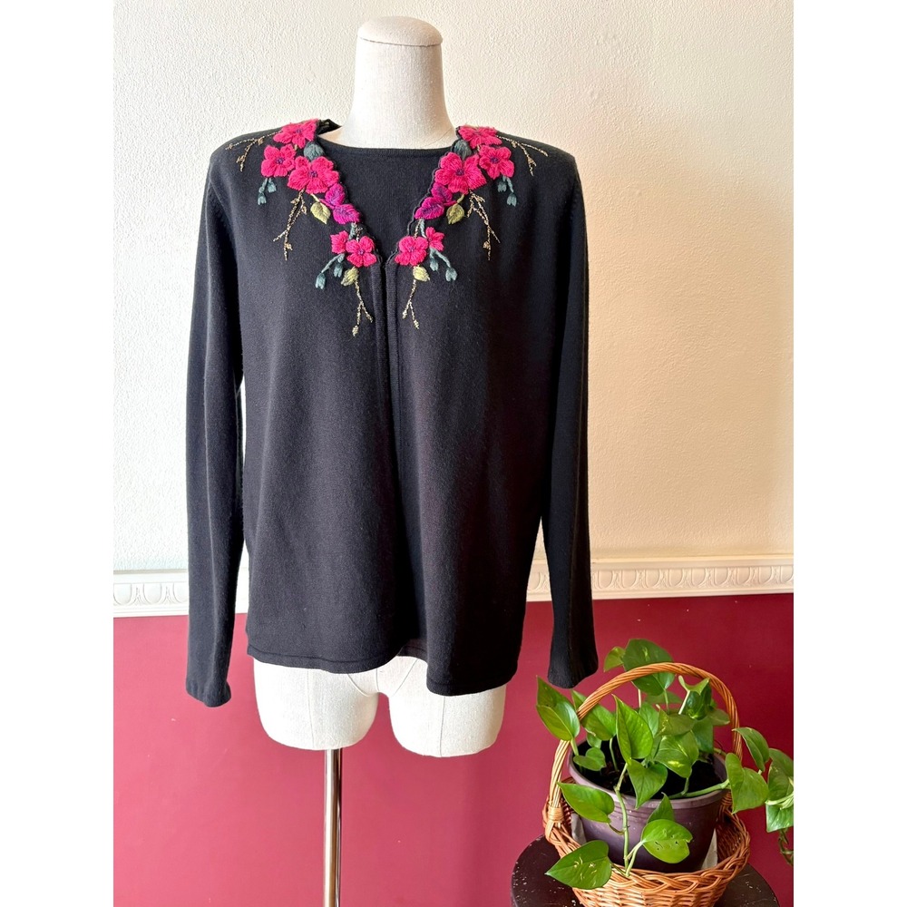 Vintage Koret Black Floral Faux Twinset Sweater 90s‎ Retro Whimsygoth Maximalist